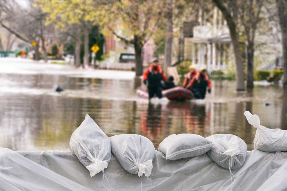Flooded street with sandbags stacked on the side as a precautionary measure.