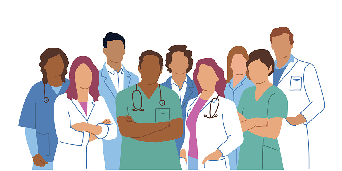 An illustration shows health care workers of different genders, races and professions.