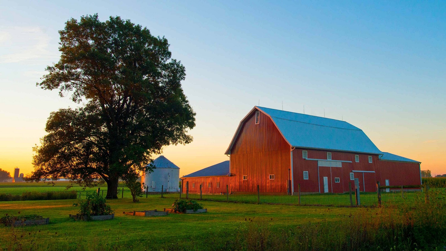 A large red barn sits on a vast field of rural farmland at sunset. A small white silo sits in the background, and a large tree is in the foreground.