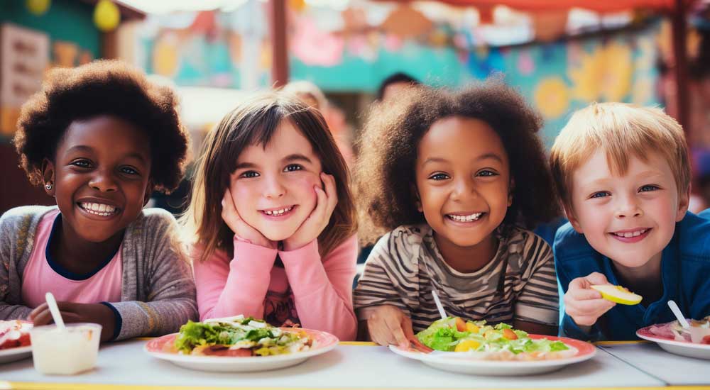 children smile and eat a healthy lunch at a table
