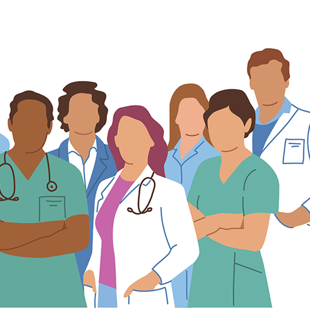 An illustration shows health care workers of different gender and ethnicity