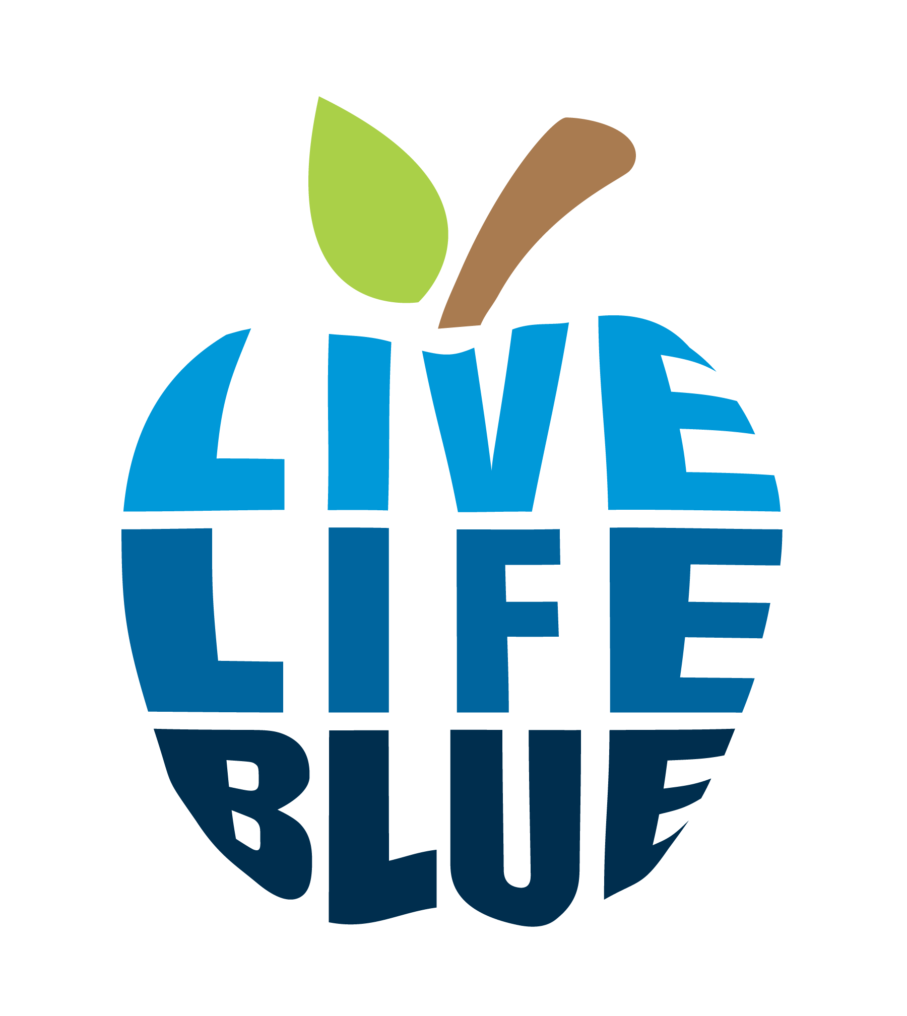 The words Live Life Blue in the shape of an apple