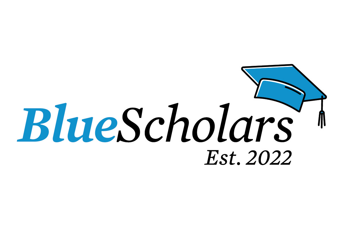 The BlueScholars logo features a blue graduation cap and an establishment date of 2022.
