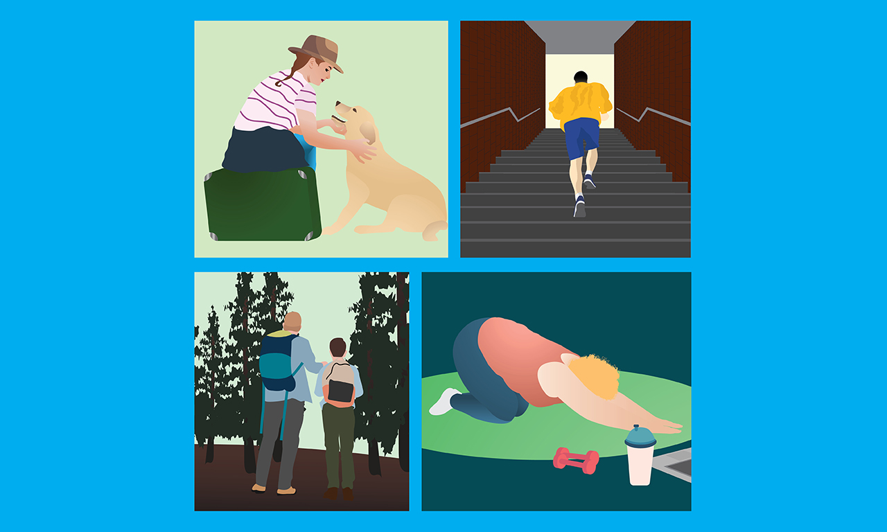 stretching, petting dog, jogging, hiking