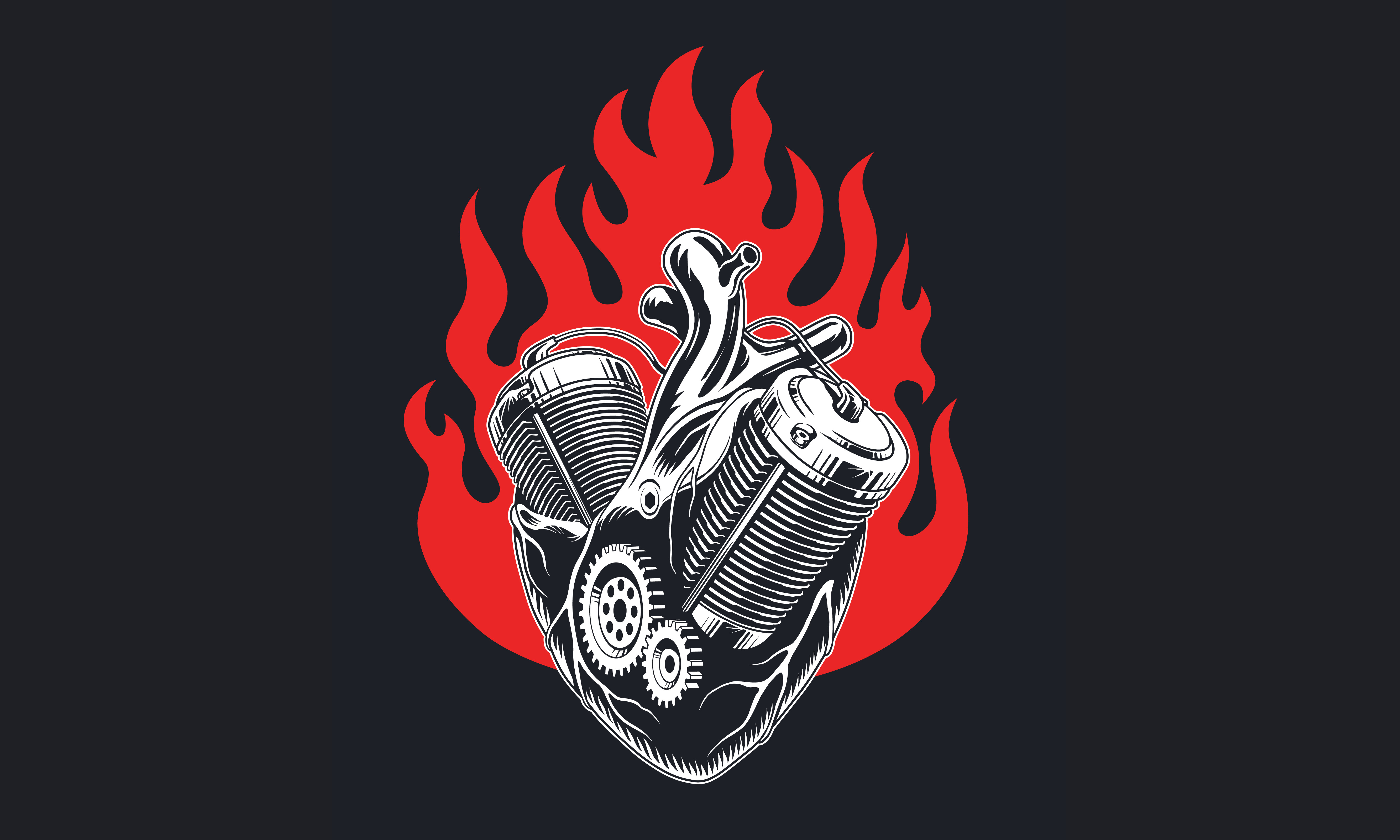 A car motor shaped like a heart overlaying red flames on a black background